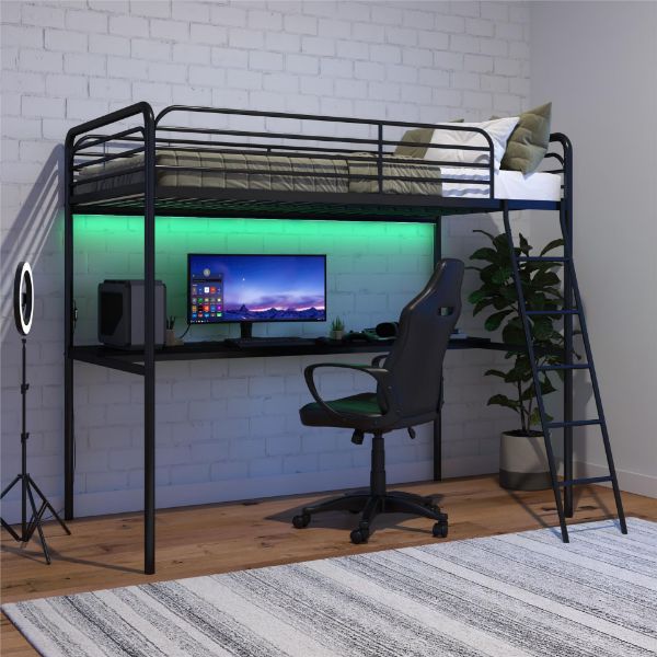  NTense Twin Gaming Loft with Desk and LED, Black 