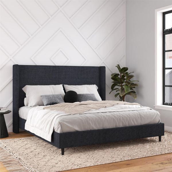  Eveline Upholstered King Bed, Dark Blue 