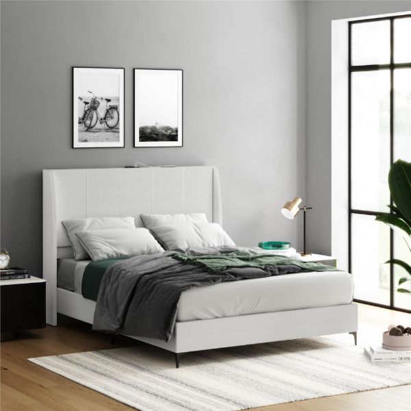  Lamora Upholstered Queen Bed with USB, Light Gray 