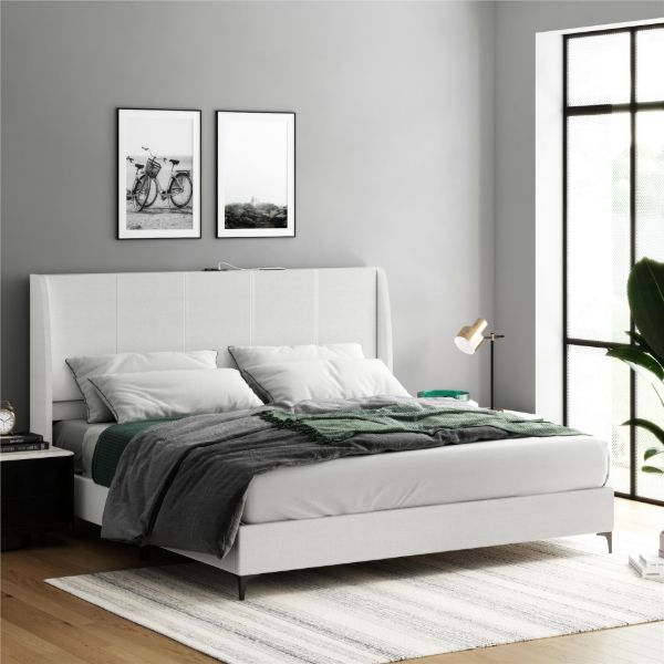  Lamora Upholstered King Bed with USB, Light Gray 