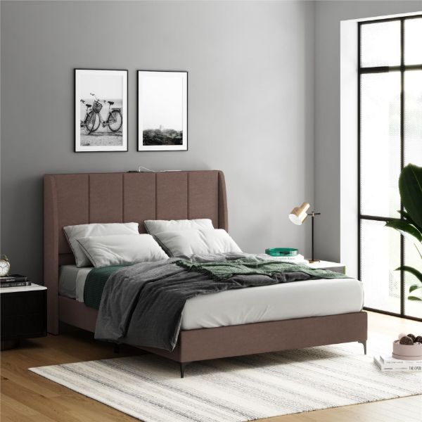  Lamora Upholstered Queen Bed with USB, Taupe Linen 