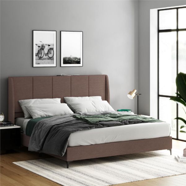  Lamora Upholstered King Bed with USB, Taupe 