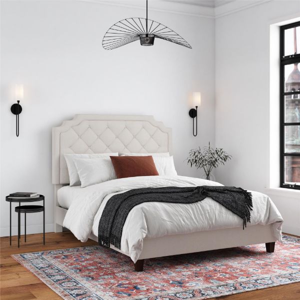 Eloise Upholstered Queen Platform Bed, Ivory 