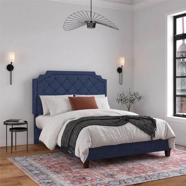  Eloise Upholstered Queen Platform Bed, Navy Blue 