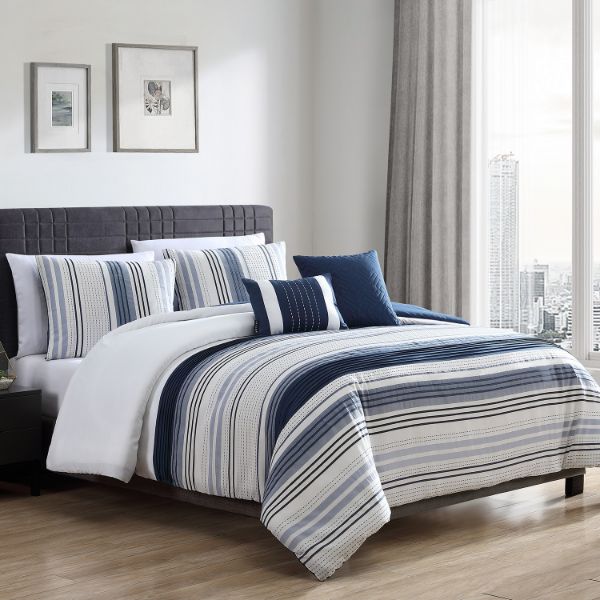 Allen Cream Blue Stripe Queen Bedding Set 1 Allen Cream Blue Stripe Queen Bedding Set