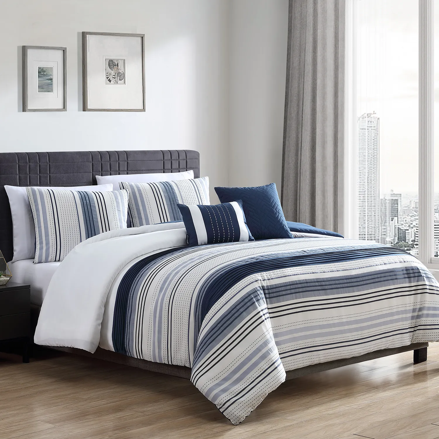 Allen Cream Blue Stripe Queen Bedding Set 2 Allen Cream Blue Stripe Queen Bedding Set