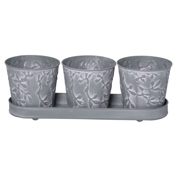 Set of 3 Embossed Metal Buckets with Tray 