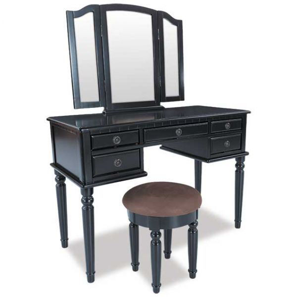 3 Piece Black Vanity Set with Mirror and Stool 